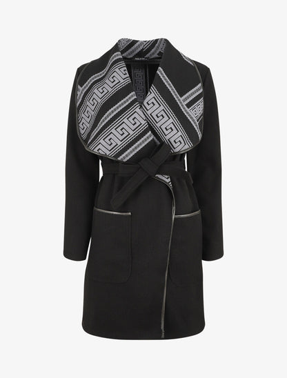 Manteau ceinturé à imprimé grec - Noir - 1