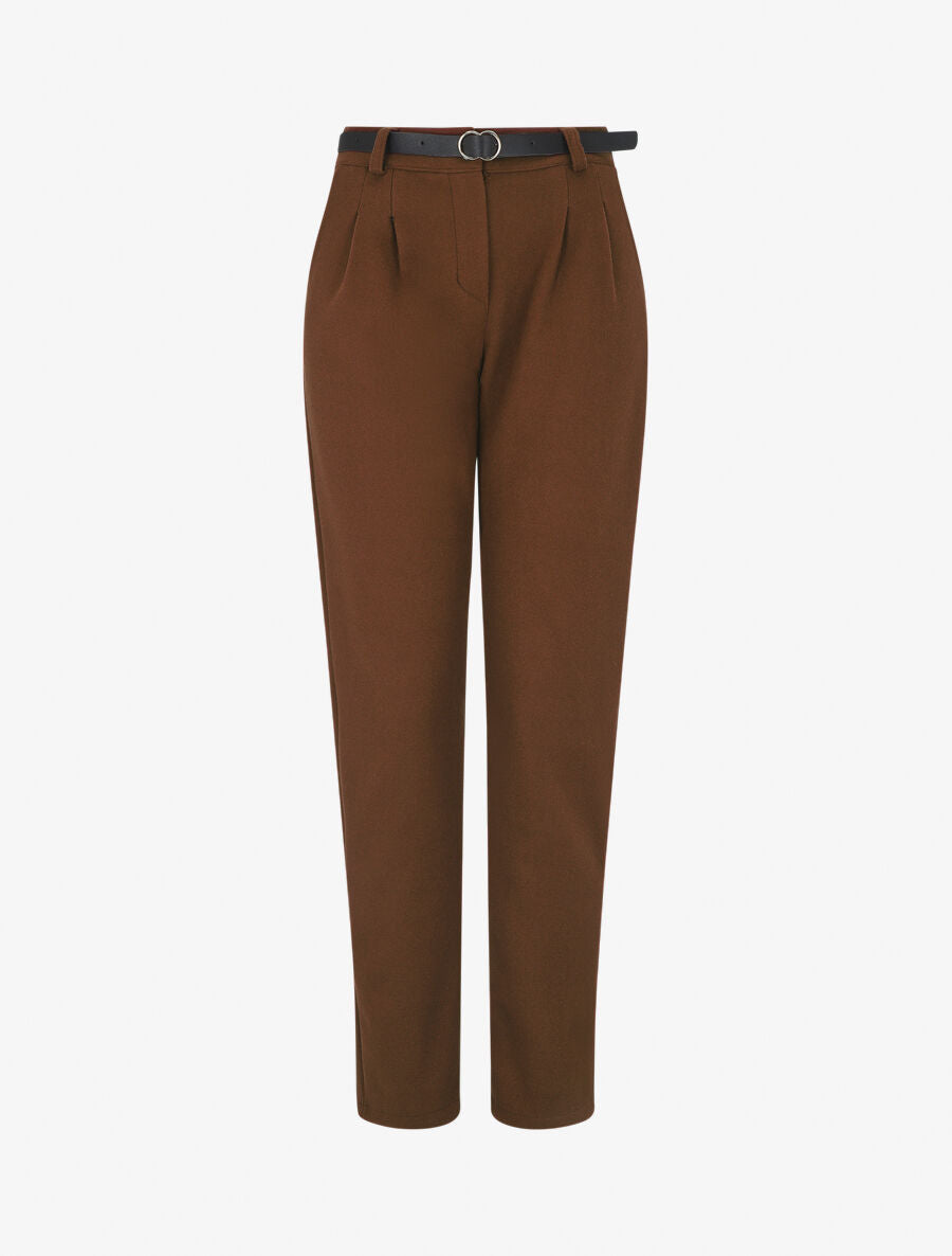 Pantalon épais uni coupe droite - Marron - 1