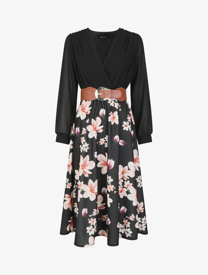 Robe longue à fleurs et col cache-coeur - Noir - 1