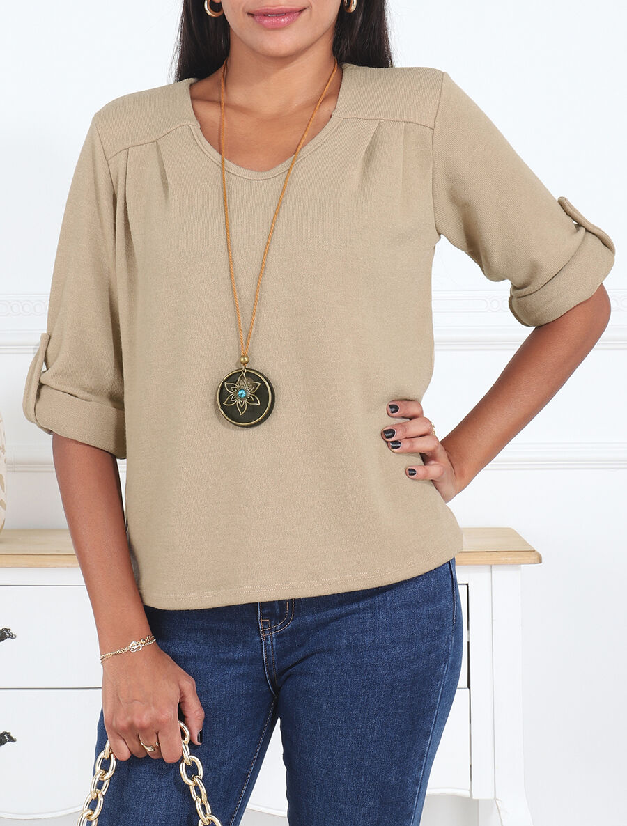 Pull ample uni col V - Beige - 4