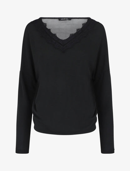 Pull fin à col V et dos en dentelle - Noir - 1