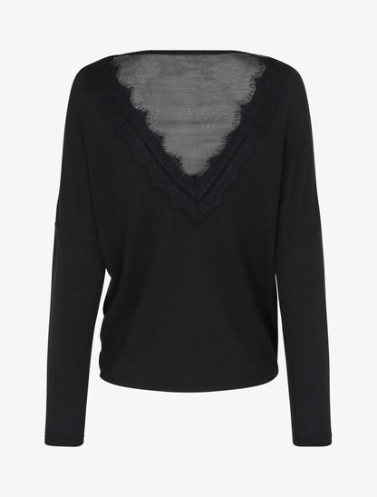 Pull fin à col V et dos en dentelle - Noir - 2