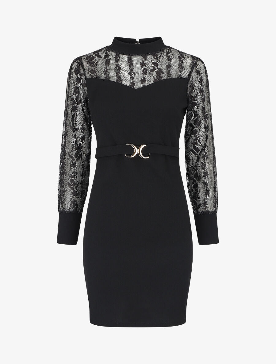 Robe droite à manches longues en dentelle et sequins - Noir - 5