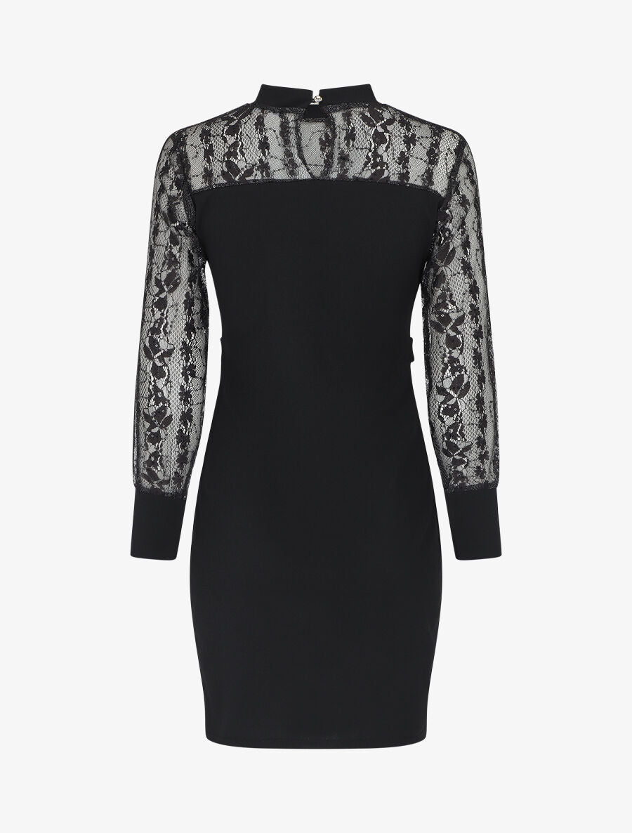 Robe droite à manches longues en dentelle et sequins - Noir - 2