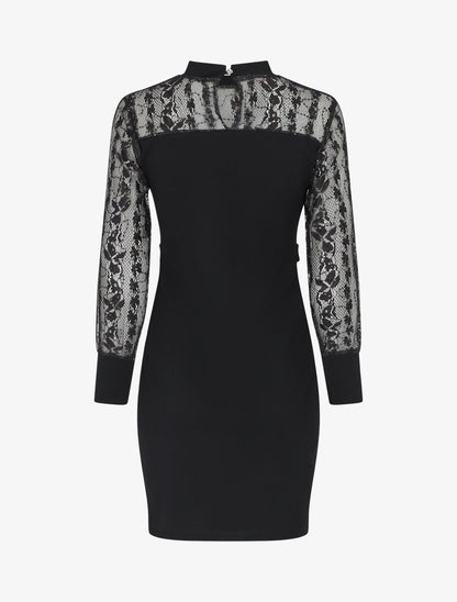 Robe droite à manches longues en dentelle et sequins - Noir - 2