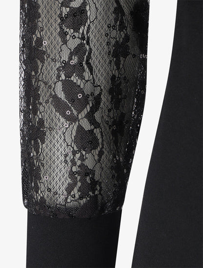 Robe droite à manches longues en dentelle et sequins - Noir - 3