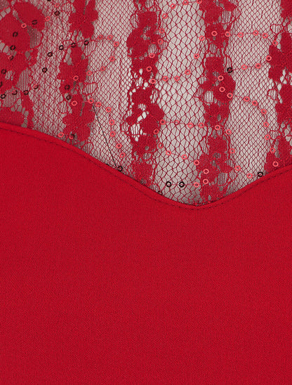 Robe droite à manches longues en dentelle et sequins - Bordeaux - 3