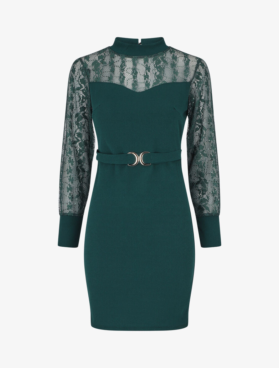 Robe droite à manches longues en dentelle et sequins - Vert sapin - 1