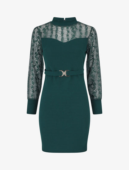 Robe droite à manches longues en dentelle et sequins - Vert sapin - 1