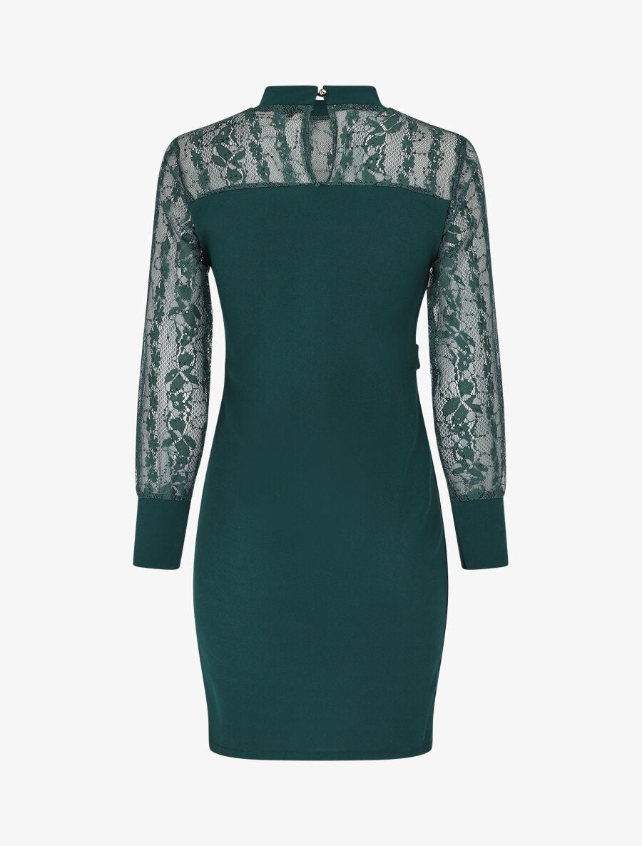 Robe droite à manches longues en dentelle et sequins - Vert sapin - 2