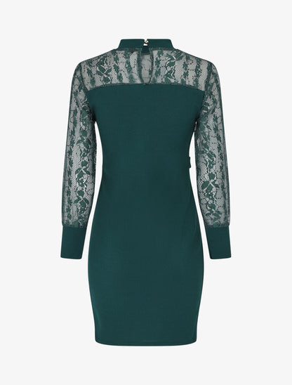 Robe droite à manches longues en dentelle et sequins - Vert sapin - 2