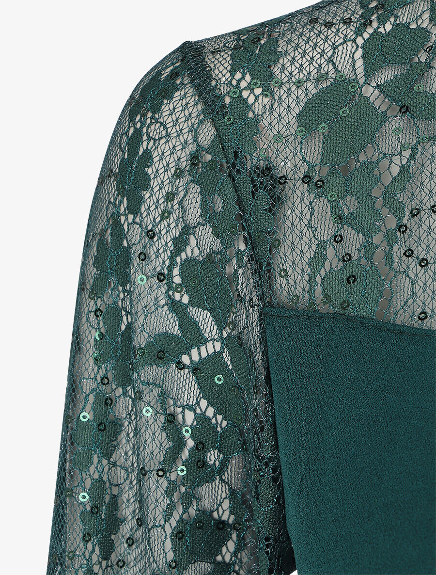 Robe droite à manches longues en dentelle et sequins - Vert sapin - 3