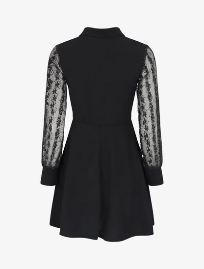 Robe droite à manches en dentelle et sequins - Noir - 2