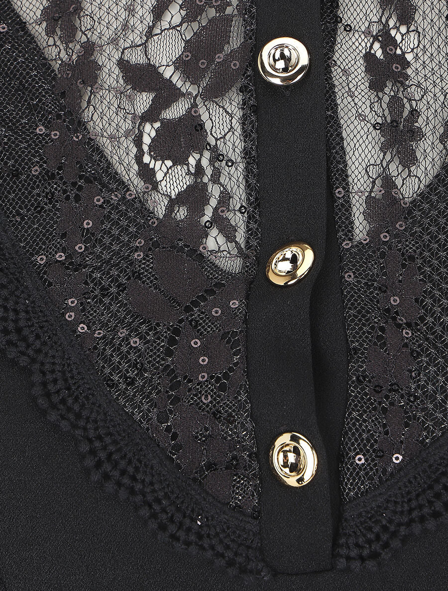 Robe droite à manches en dentelle et sequins - Noir - 3