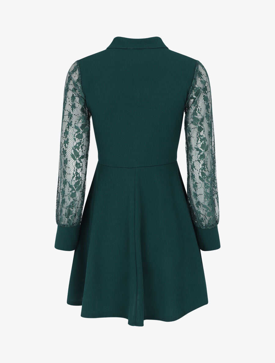Robe droite à manches en dentelle et sequins - Vert sapin - 2