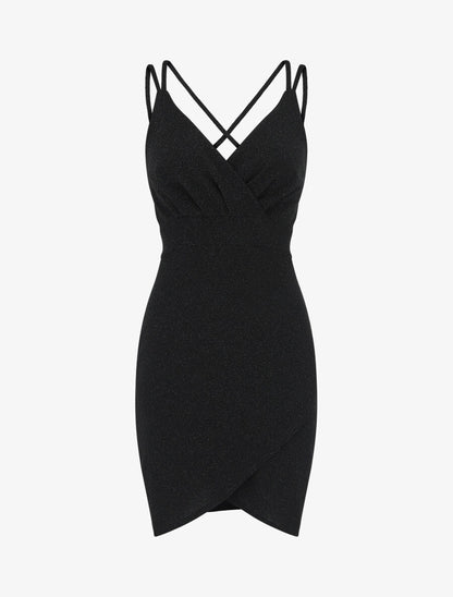Robe pailletée à bretelles croisées - Noir - 5