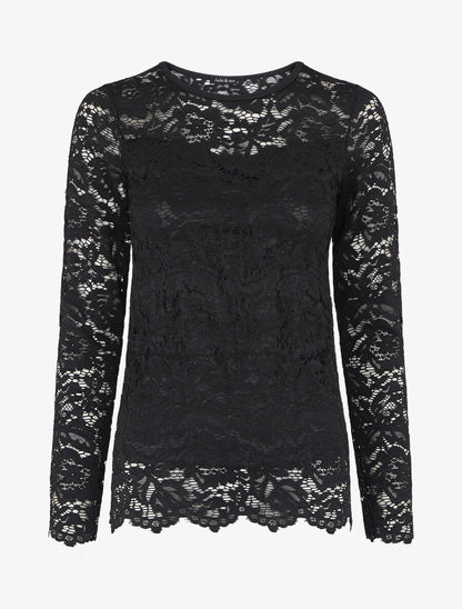 Top uni en dentelle à manches longues - Noir - 4