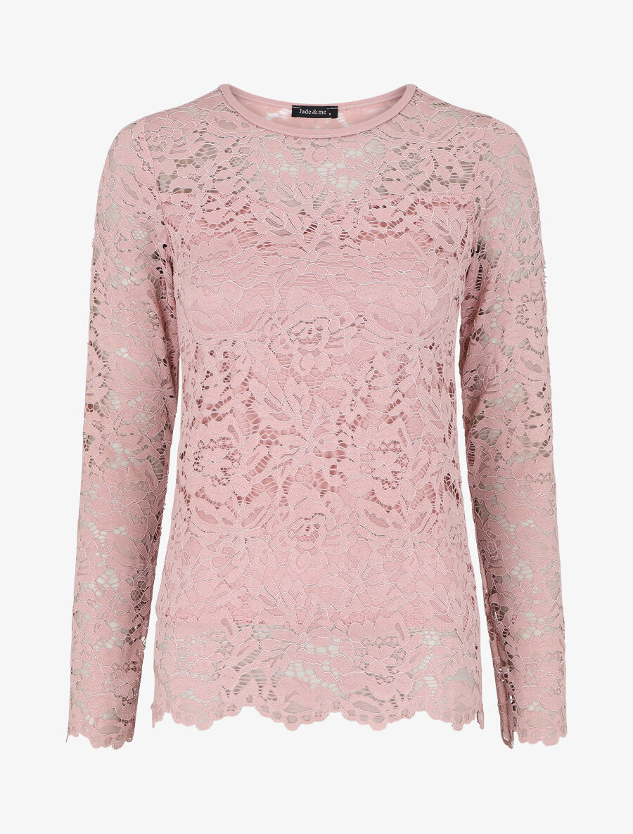 Top uni en dentelle à manches longues - Rose - 5
