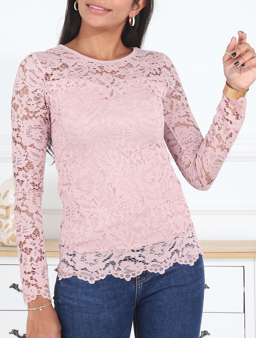 Top uni en dentelle à manches longues - Rose - 4