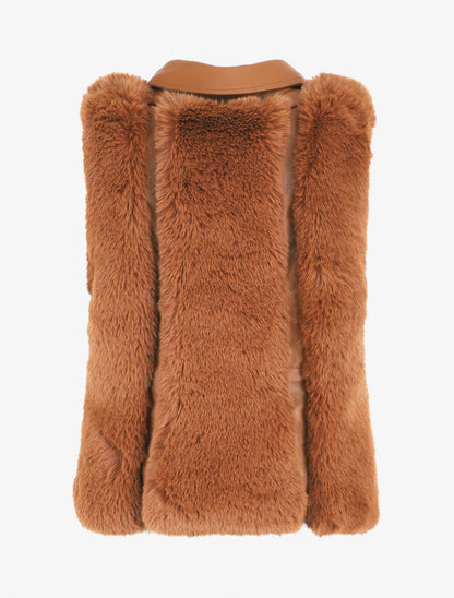 Veste sans manches en simili et fausse fourrure - Camel - 2