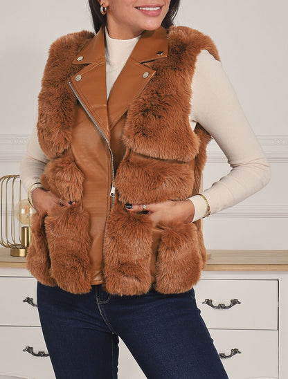 Veste sans manches en simili et fausse fourrure - Camel - 3