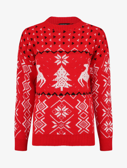 Pull à motif fantaisie noël à col rond - Rouge - 1