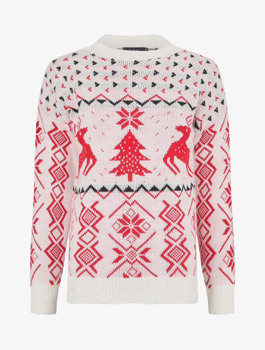 Pull à motif fantaisie noël à col rond - Blanc - 1