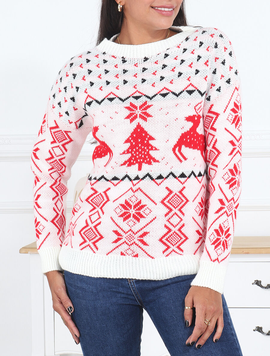 Pull à motif fantaisie noël à col rond - Blanc - 4