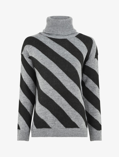 Pull col roulé rayé - Gris - 1