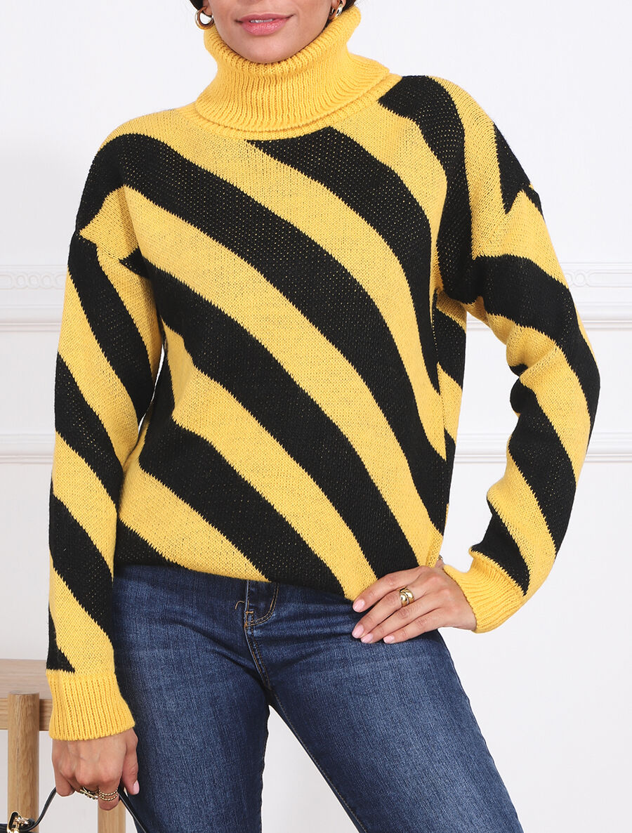 Pull col roulé rayé - Jaune - 4