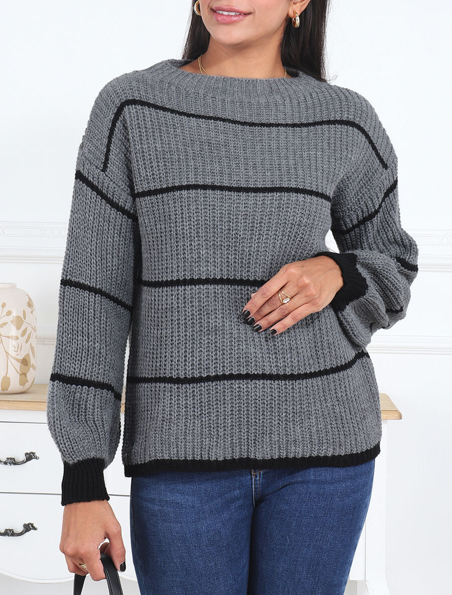 Pull en maille à imprimé rayures - Gris - 4