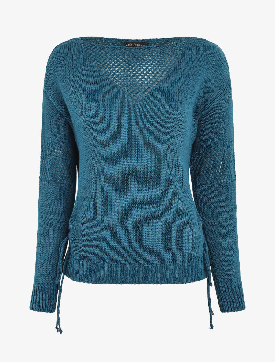 Pull droit uni à liens - Bleu canard - 1