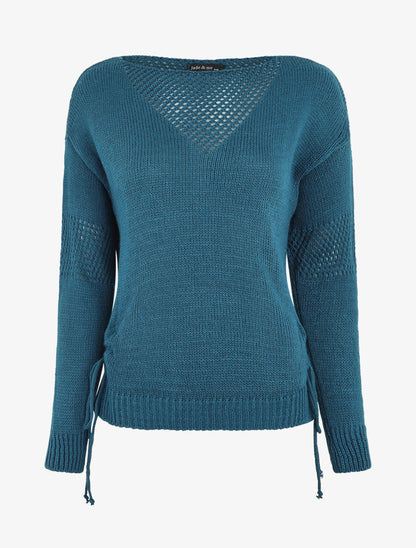 Pull droit uni à liens - Bleu canard - 1