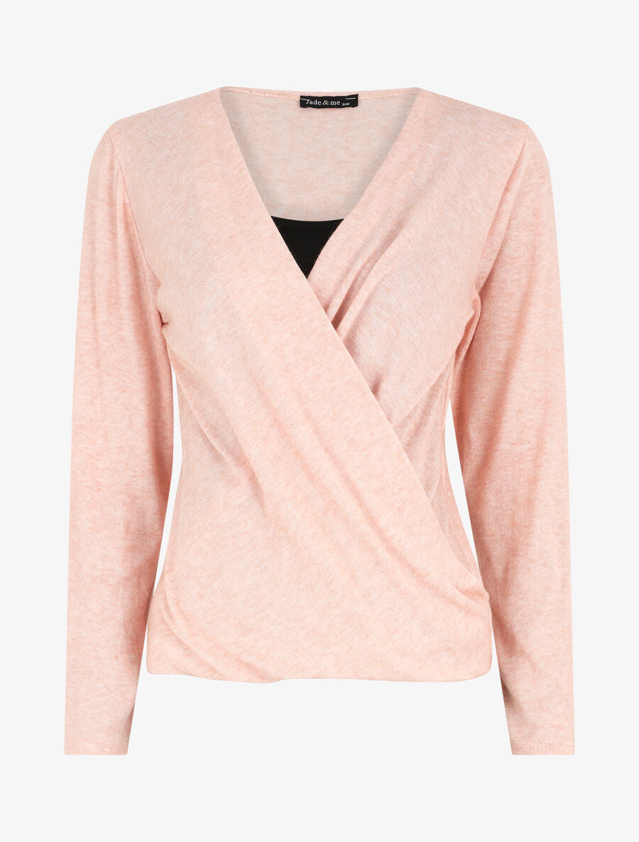 Top bicolore à manches longues et effet croisé - Rose - 5