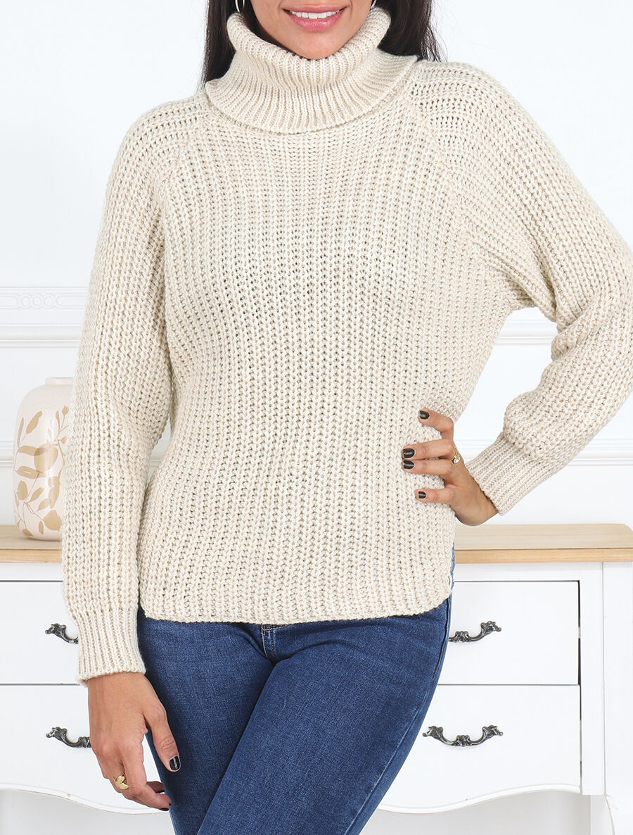 Pull en maille uni à col roulé - Beige - 4