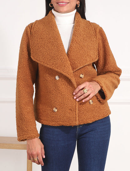 Manteau court en maille bouclette - Camel - 3