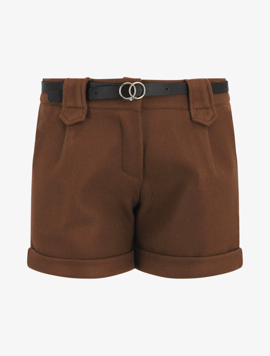 Short uni droit en laine mélangée - Marron - 1