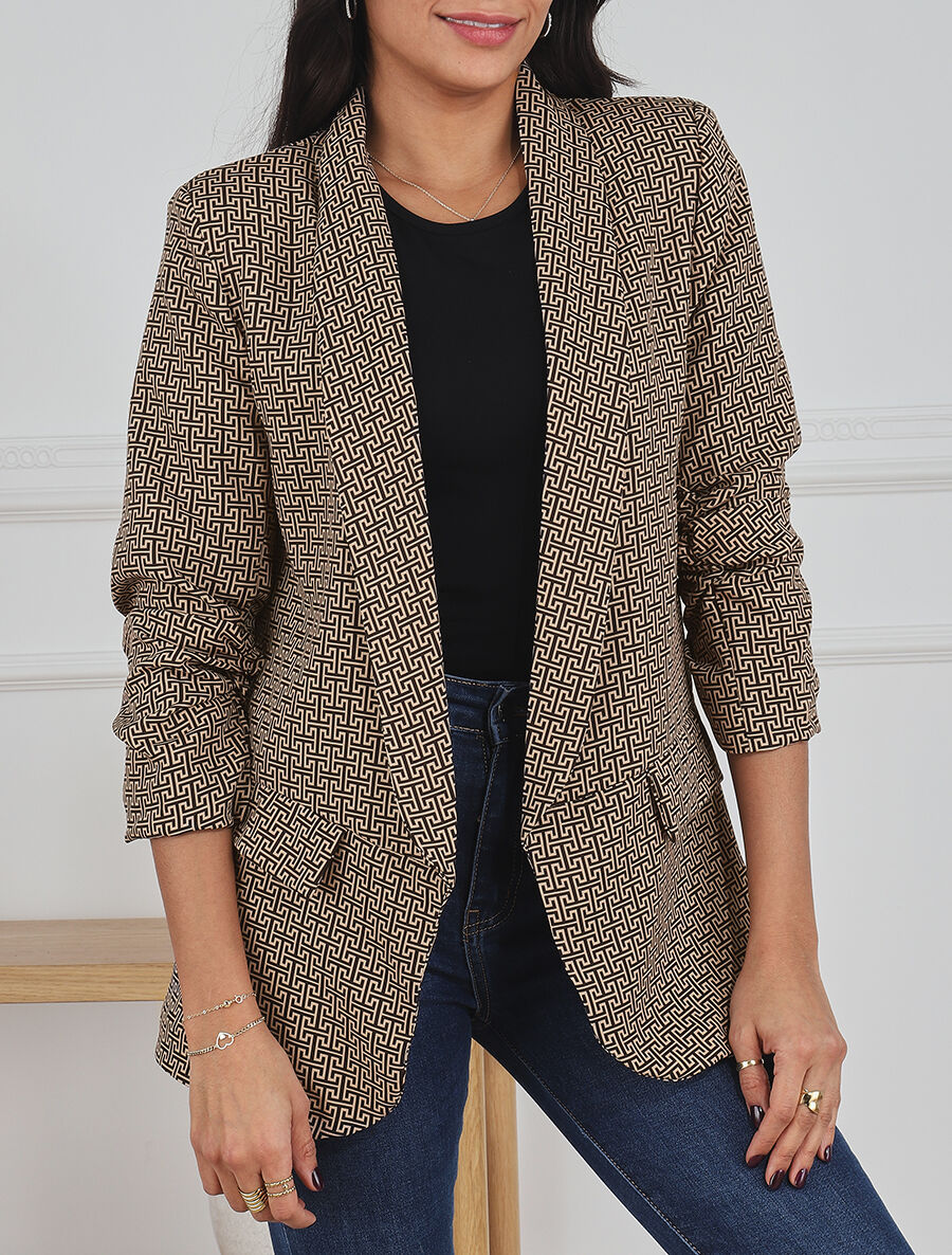 Blazer droit imprimé graphique manches 3/4 froncées - Camel - 4