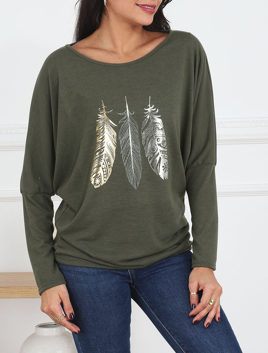 Pull fin à imprimé plumes irisées - Kaki - 4
