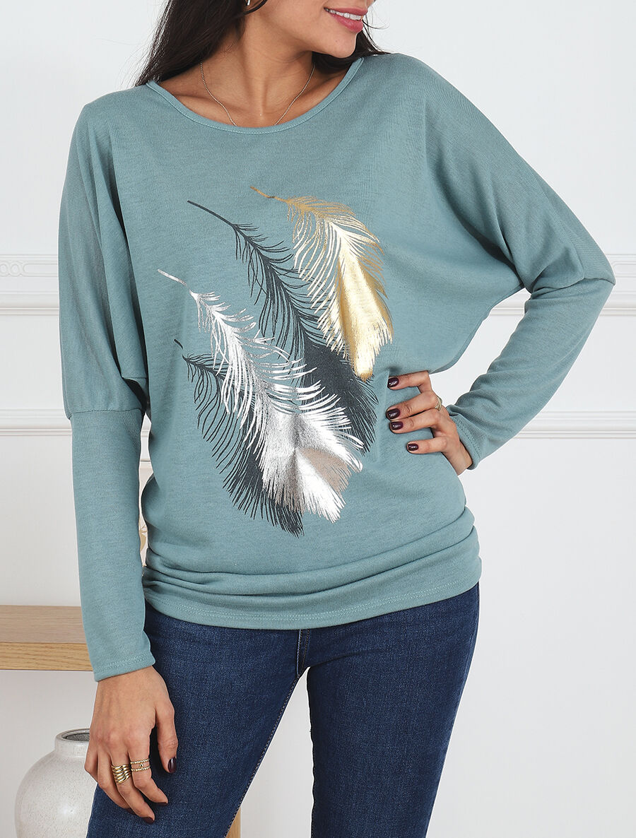 Pull fin à imprimé 4 plumes irisées - Bleu - 4