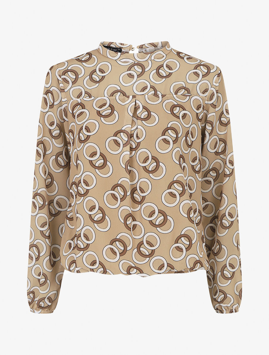 Blouse manches longues à col rond et imprimé anneaux - Beige - 1