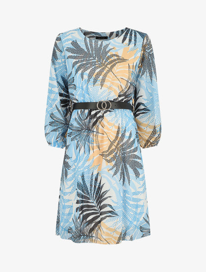 Robe manches 3/4 imprimé feuille fantaisie - Écru/bleu ciel - 1
