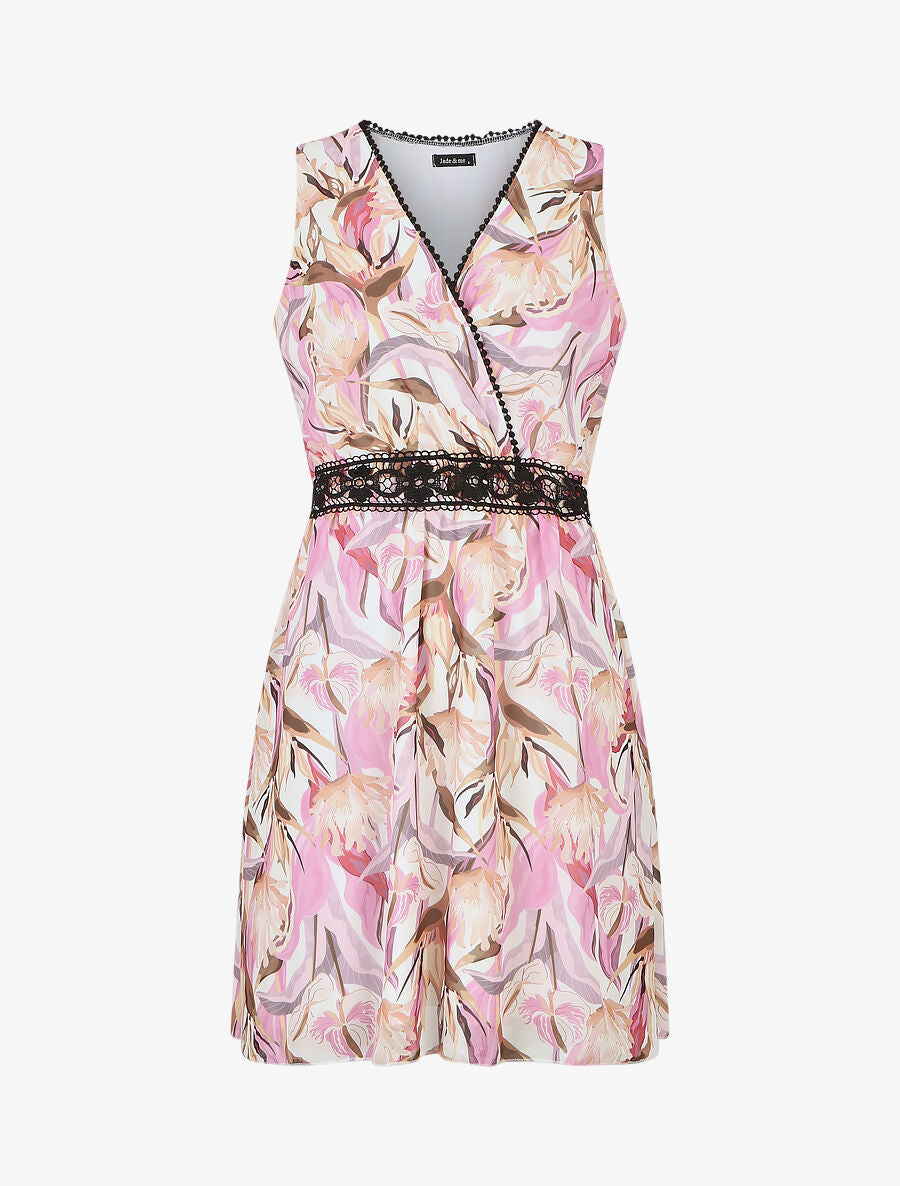 Robe courte tropical sans manches col cache-coeur - Écru - 1