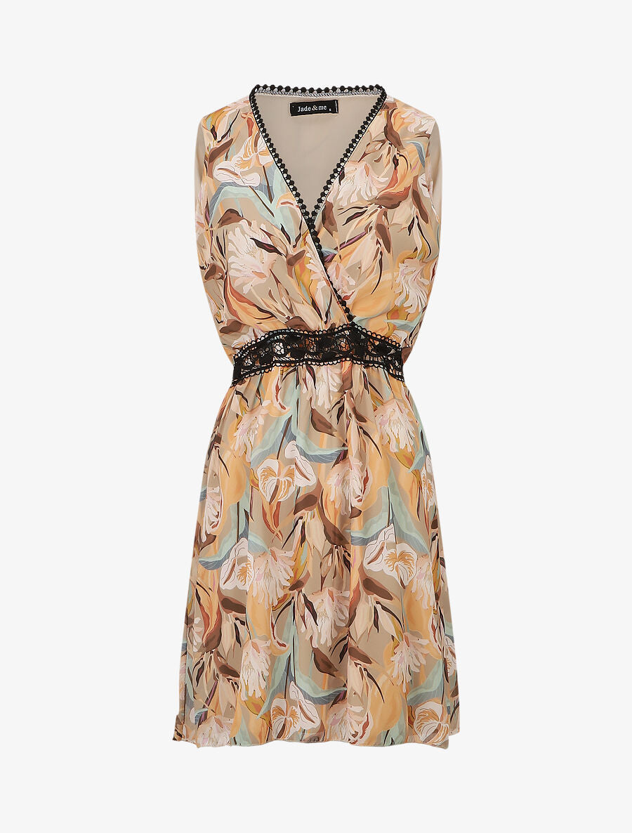 Robe courte tropical sans manches col cache-coeur - Beige - 1