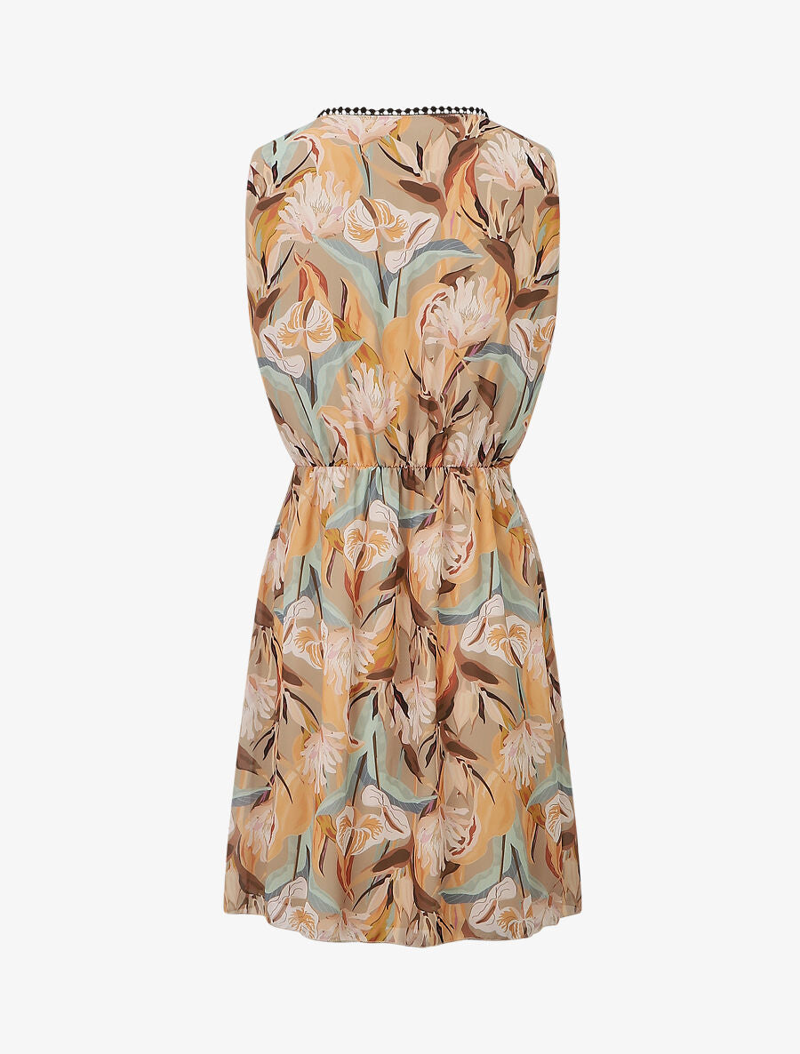 Robe courte tropical sans manches col cache-coeur - Beige - 2