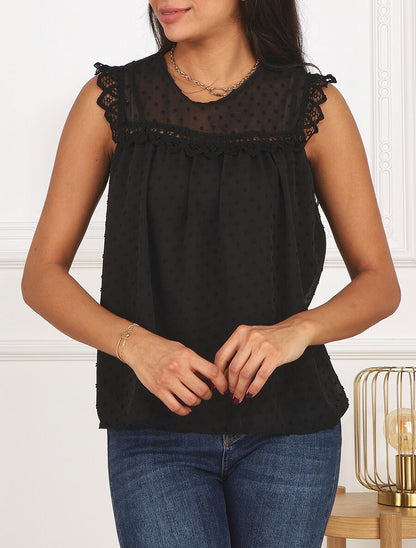 Top plumetis sans manches uni - Noir - 4