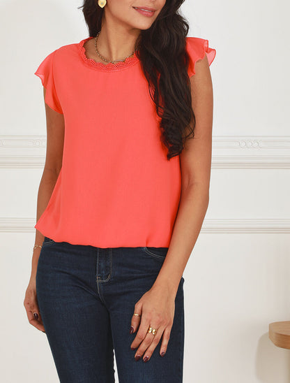 Top uni à mancherons et dos en dentelle - Corail - 4