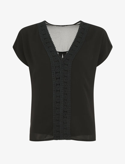 Top uni en voile et broderies - Noir - 1