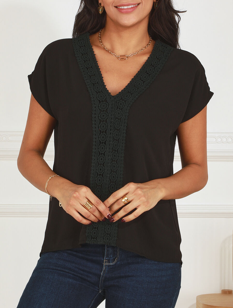 Top uni en voile et broderies - Noir - 4