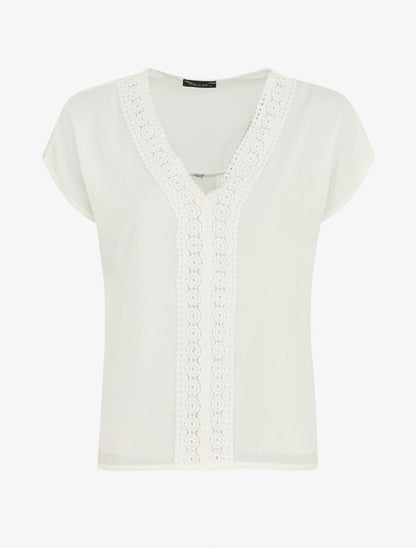 Top uni en voile et broderies - Blanc - 5